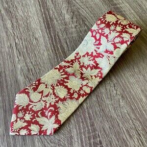 Claiborne Men's 100% Italian Silk Red Cream Floral Design Necktie Made In USA